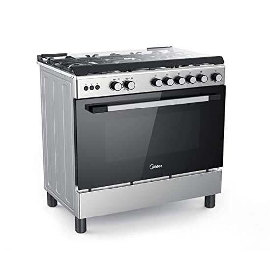 Midea Gas Cooker 5 Burner 90 x 60cm Silver Oven + Grill Inox Idustrial